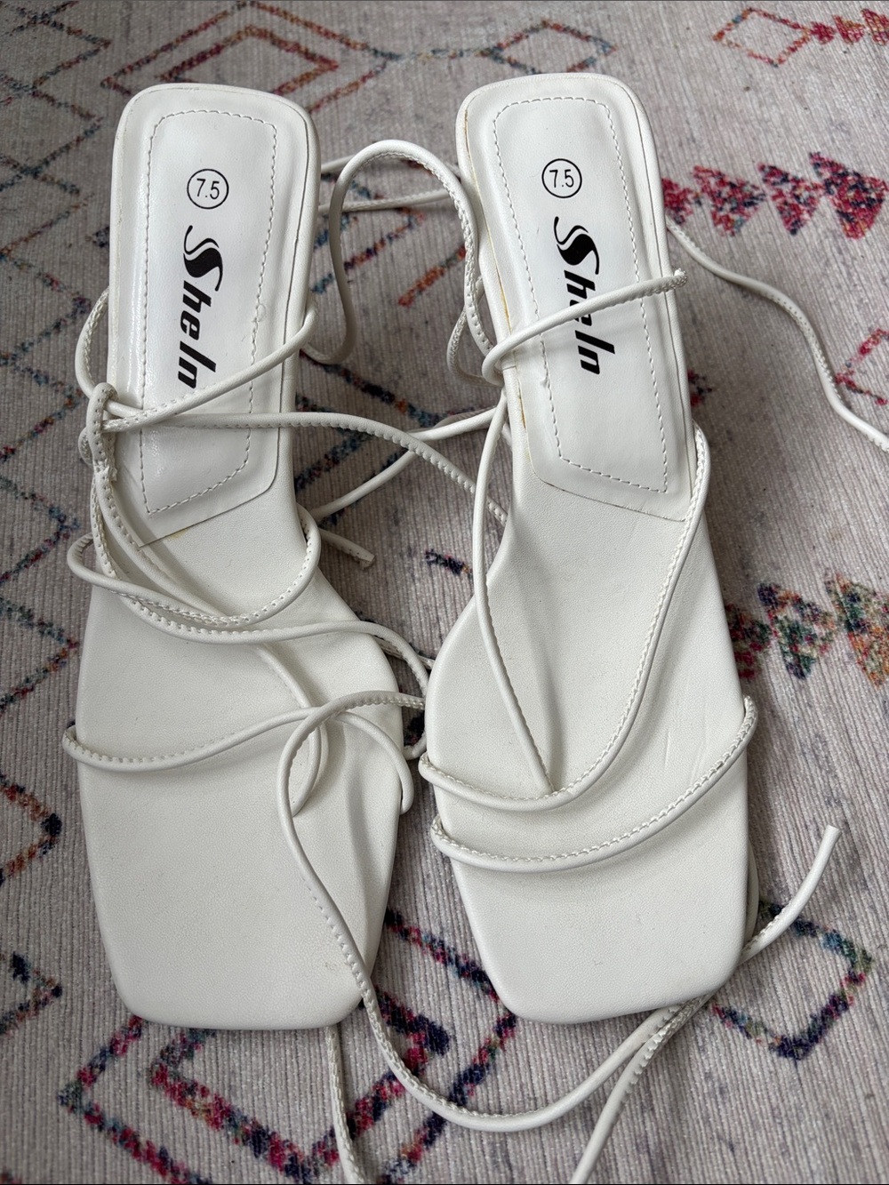 SHEIN White Lace-Up Square Toe Heel Sandals